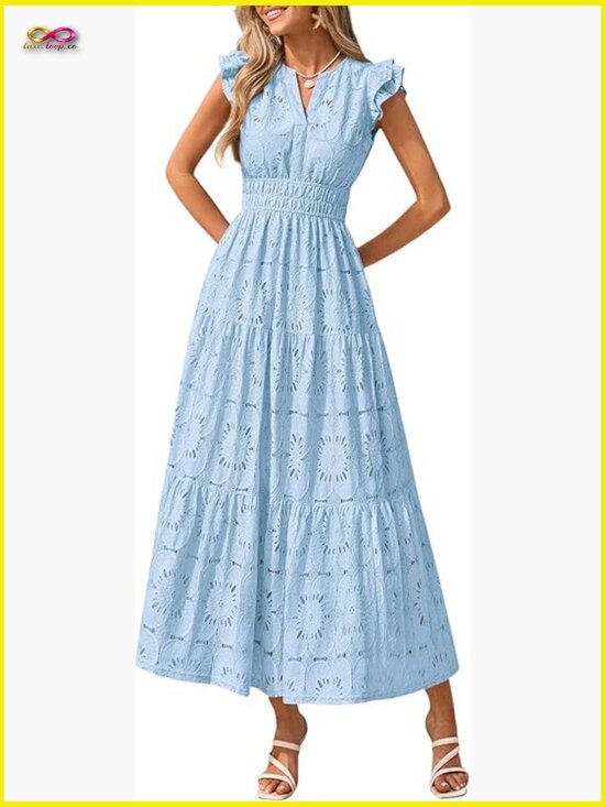 Dresses & Skirts - Boho Maxi Dress V Neck Eyelet Lace Tiered Flowy Wedding Guest Summer